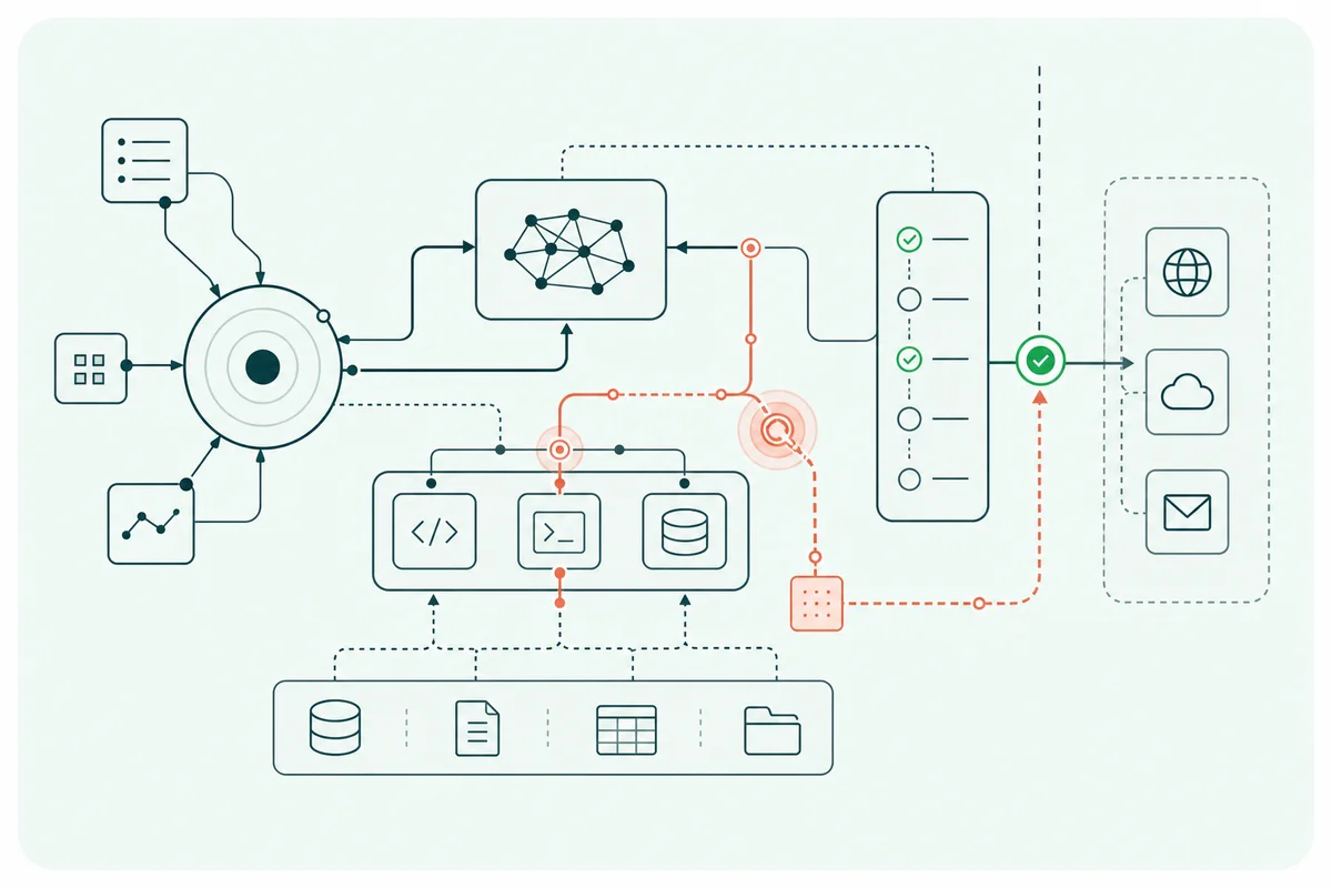 An AI workflow review path testing a tool and data boundary before an external action