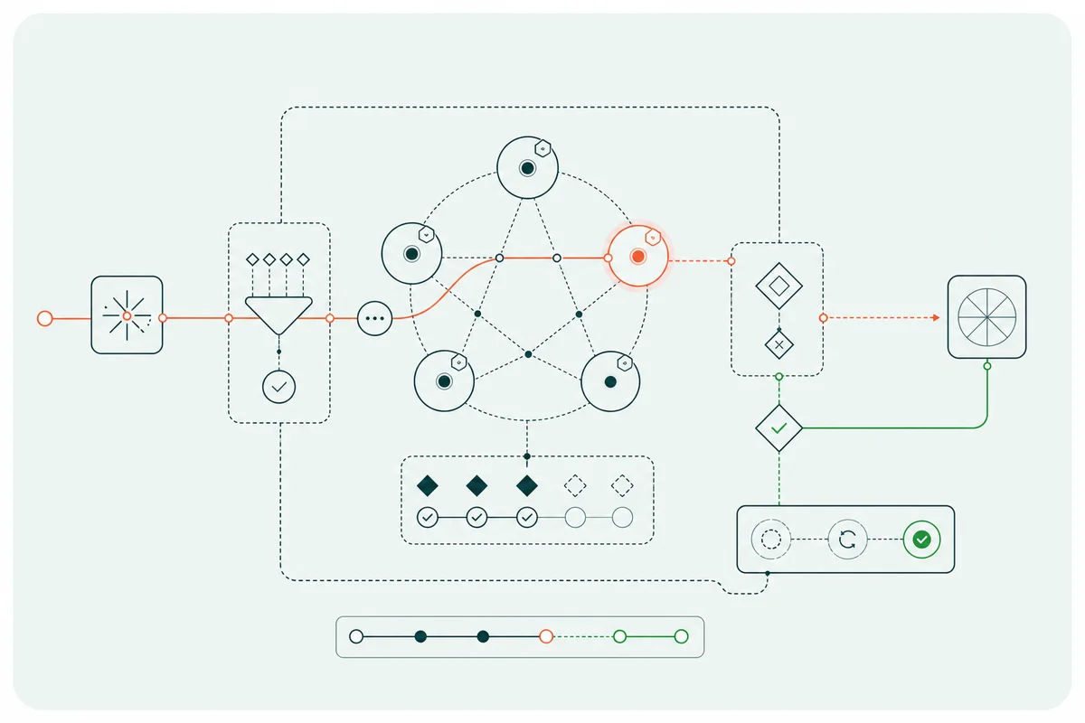 A custody review path moving through policy gates and distributed signing nodes to a recovery check