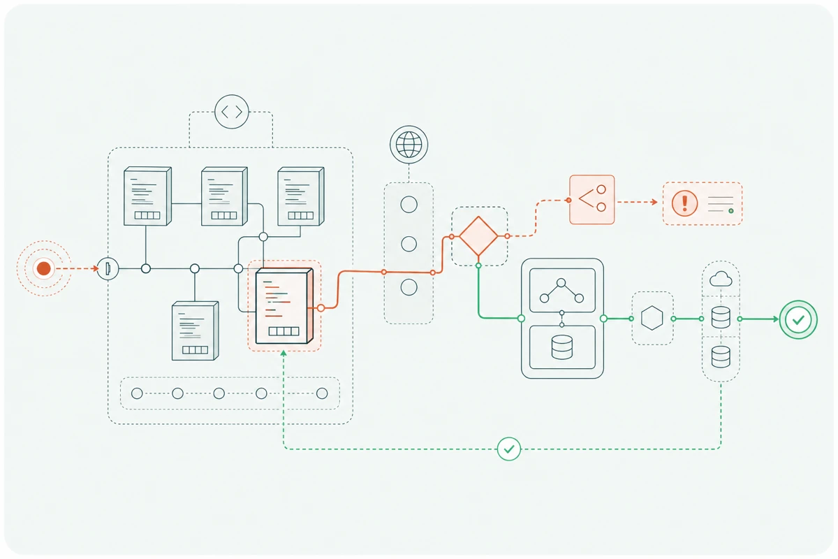 A security review tracing a critical code path through inputs, authorization, state, dependencies, a finding, and fix verification
