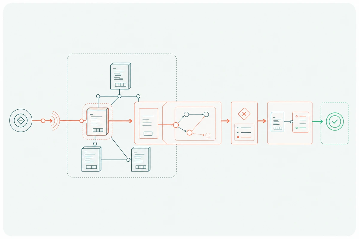 A security review tracing a critical path through connected smart contracts, a challenged state transition, a finding, and remediation verification
