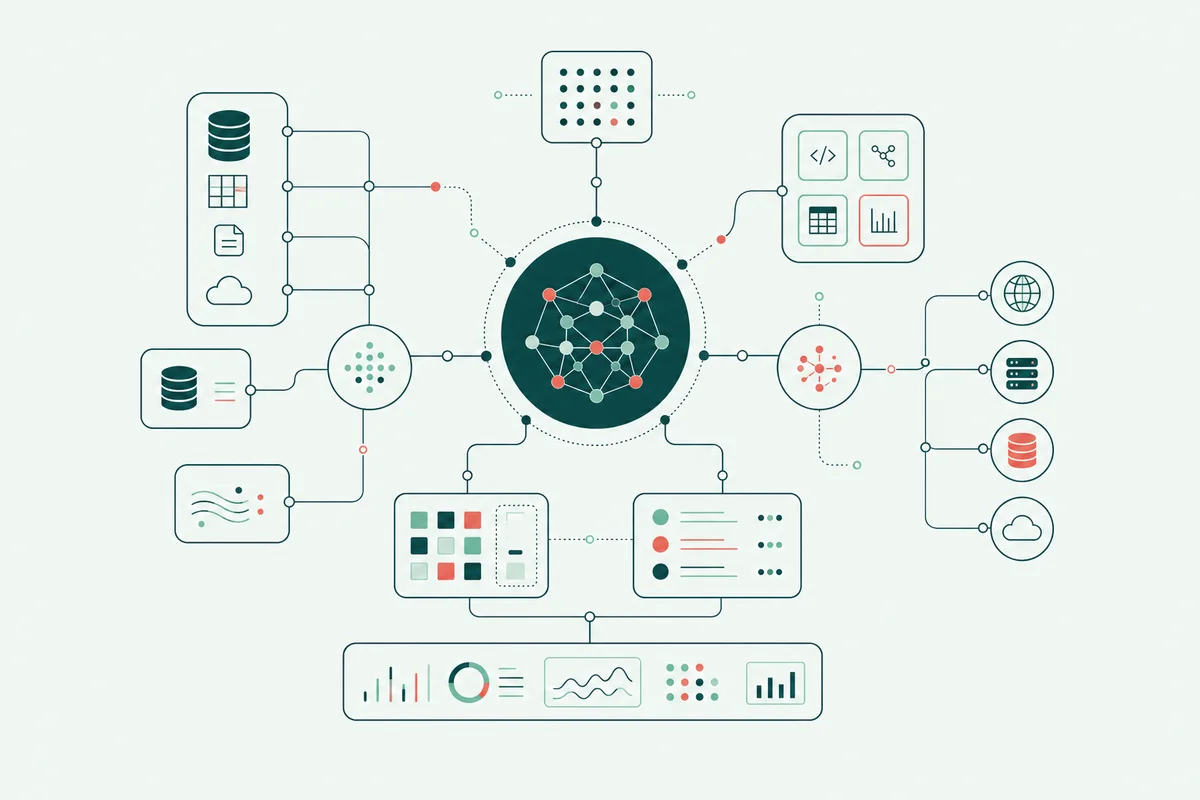An AI orchestration ecosystem connecting models, data, memory, tools, permissions, monitoring, and external actions