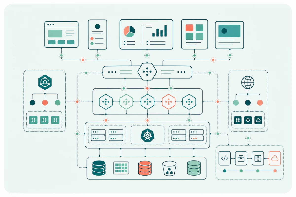 A connected ecosystem of applications, APIs, cloud services, identity, infrastructure, and data stores