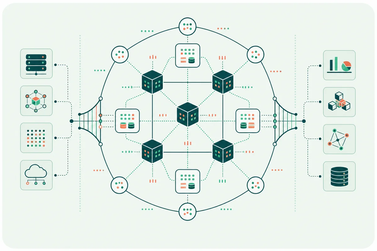 A distributed ecosystem of protocol nodes, smart contracts, state, relays, and integrations